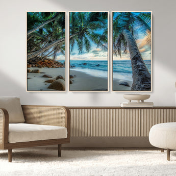 39679-MGV-CV-36X24-Tropical Palm Beach Wall Art – Serene Ocean Canvas Print with Palm Trees and Rocks, Coastal Paradise Decor for Living Room or