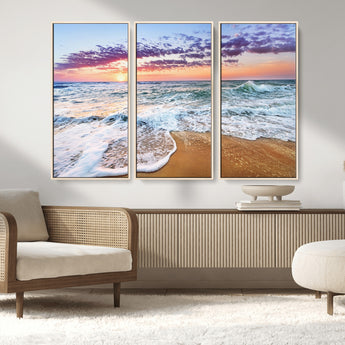 44120-MGV-FC-48X32-3P_Natural-Ocean Sunset Wall Art – Beach Landscape Canvas Print, Serene Coastal Decor for Living Room, Office or Bedroom