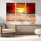 60211-MGV-CV-36X24-Fiery Sunset Ocean Waves Canvas Print – Vibrant Red & Orange Coastal Wall Art, Dramatic Seascape Decor