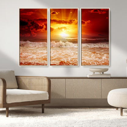 60211-MGV-CV-36X24-Fiery Sunset Ocean Wall Art – Red Sky Seascape Canvas Print with Waves, Bold Coastal Sunset Decor for Living Room or Bedroom