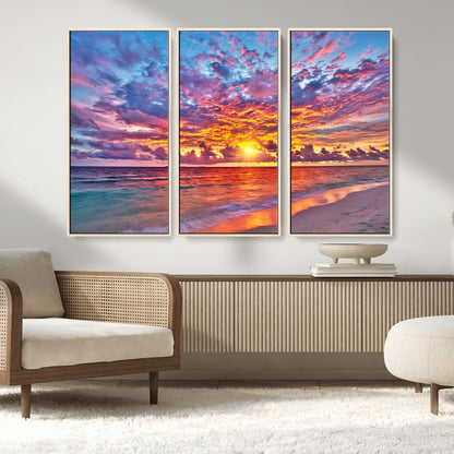 72836-MGV-CV-36X24-Fiery Sunset Beach Wall Art – Panoramic Vibrant Ocean Canvas Print, Dramatic Coastal Decor for Living Room, Bedroom or Office