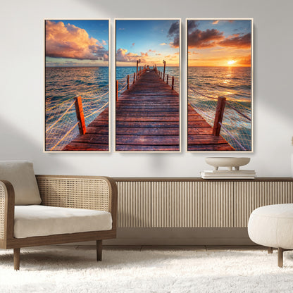 28836-MGV-CV-36X24-Ocean Pier Sunset Wall Art – Wooden Dock and Golden Horizon Canvas Print, Coastal Seascape Photography for Living Room, Bedroom,