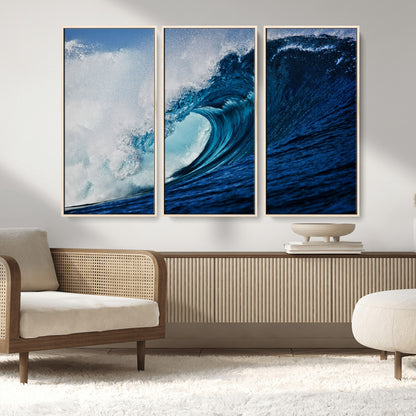 89502-MGV-CV-36X24-Powerful Ocean Wave Wall Art – Panoramic Blue Sea Wave Canvas Print, Coastal Surf Photography Artwork for Living Room, Bedroom, or