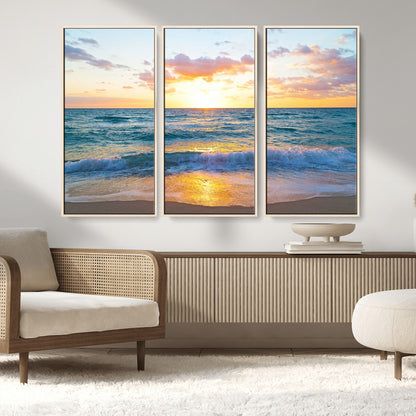 78006-MGV-CV-36X24-Golden Sunrise Ocean Wall Art – Panoramic Beach Waves Canvas Print, Coastal Seascape Artwork for Living Room, Bedroom, Office, or