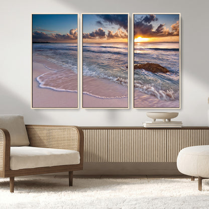 94906-MGV-CV-36X24-Sunrise Beach Wall Art – Panoramic Ocean Waves Canvas Print, Coastal Sunset Seascape Artwork for Living Room, Bedroom, or Office