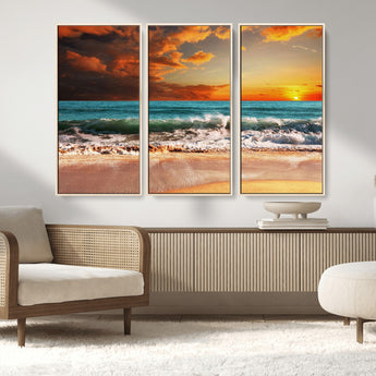 72948-MGV-CV-36X24-Ocean Sunset Wave Wall Art – Dramatic Seascape Canvas Print with Golden Sky and Crashing Waves, Coastal Beach Decor for Living