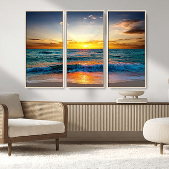 50627-MGV-CV-36X24-Ocean Sunset Wall Art – Serene Beach Canvas Print with Waves and Golden Sky, Coastal Decor for Living Room or Office