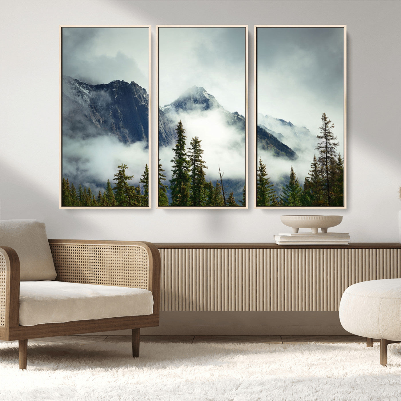 93219-MGV-CV-36X24-Misty Mountain Wall Art – Foggy Pines and Rocky Peaks Canvas Print, Nature Landscape Decor for Living Room, Office or Bedroom