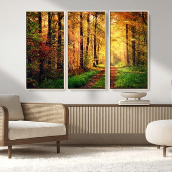 73494-MGV-FC-48X32-3P_Natural-Golden Autumn Forest Path Wall Art – Sunlit Woodland Canvas Print, Fall Nature Landscape Home Decor