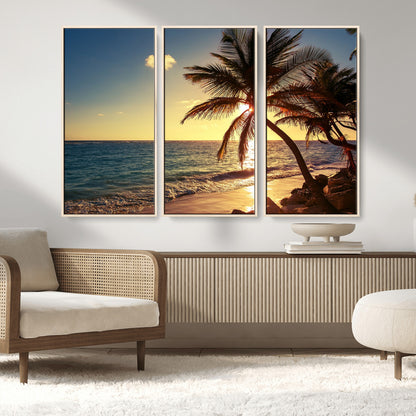 82710-MGV-CV-36X24-Palm Tree Sunset Beach Wall Art – Tropical Ocean Canvas Print, Coastal Paradise Seascape Decor for Living Room or Office Wall