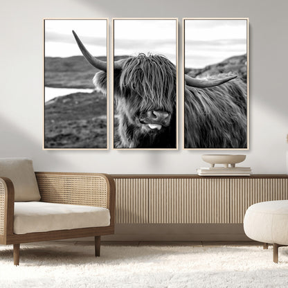 83810-MGV-FC-48X32-3P_Natural-Highland Cow Wall Art – Black and White Highland Cattle Print, Rustic Farmhouse Animal Decor for Living Room or Office
