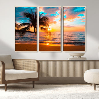 34674-MGV-CV-36X24-Tropical Sunset Beach Wall Art – Palm Tree Ocean Canvas Print, Coastal Seascape Decor for Living Room or Office Wall