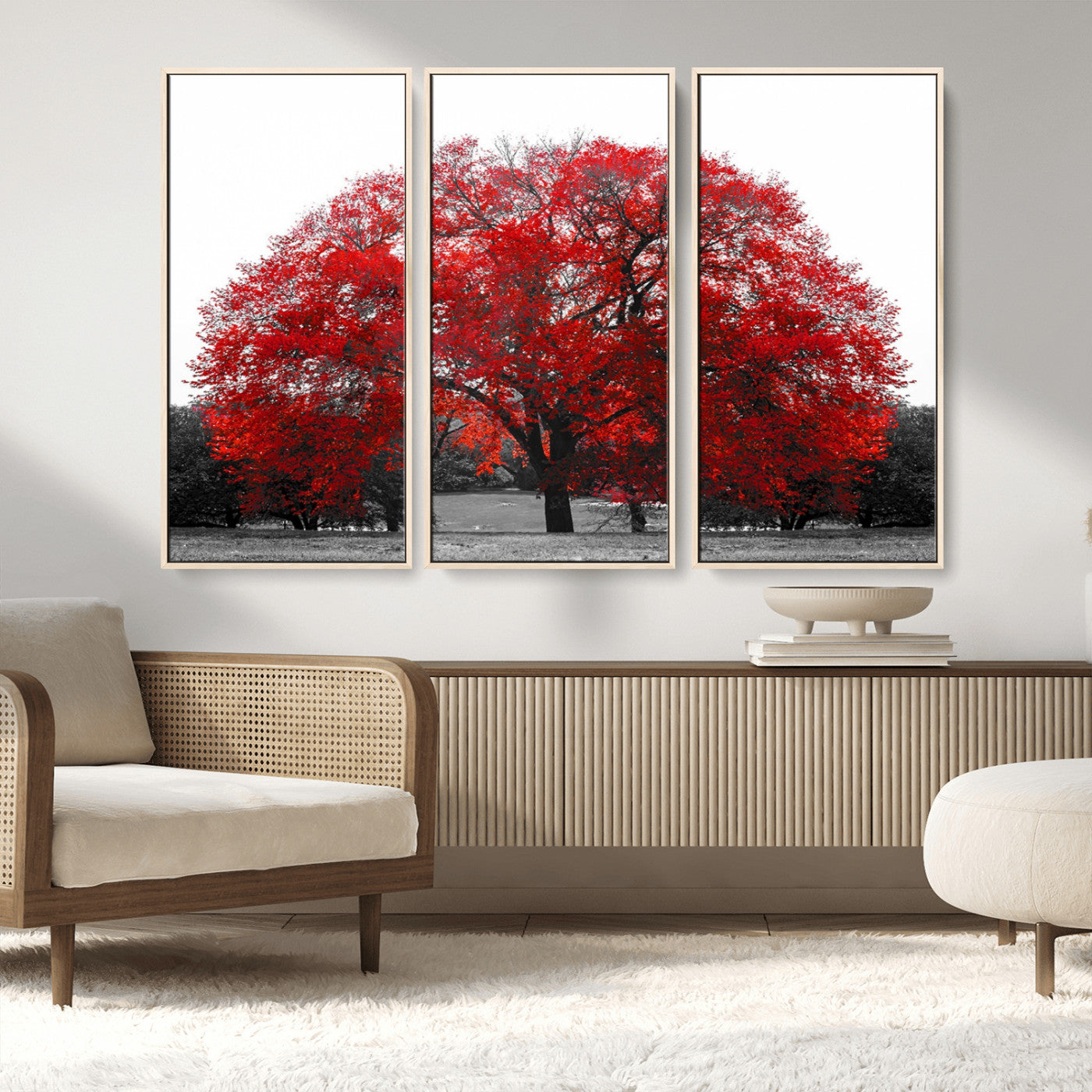 80021-MGV-FC-48X32-3P_Natural-Red Tree Wall Art – Striking Black and White Landscape Canvas Print with Vibrant Red Leaves, Modern Nature Decor for Living Room