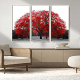 80021-MGV-FC-48X32-3P_Natural-Red Tree Wall Art – Striking Black and White Landscape Canvas Print with Vibrant Red Leaves, Modern Nature Decor for Living Room