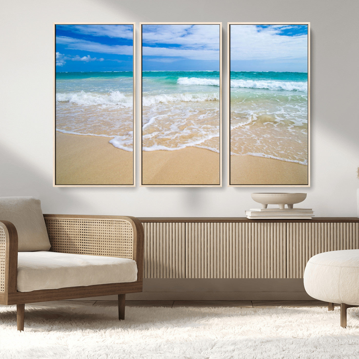 20660-MGV-CV-36X24-Ocean Wave Beach Wall Art – Serene Blue Sea and Sandy Shore Canvas Print, Coastal Landscape Photography Decor for Living Room or