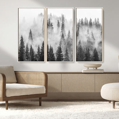 10422-MGV-CV-36X24-Misty Pine Forest Wall Art – Black and White Foggy Landscape Canvas Print, Serene Nature Woodland Decor for Bedroom, Office or