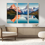 88453-MGV-FC-48X32-3P_Natural-Mountain Lake Wall Art – Snow-Capped Peaks Reflected in Alpine Water Canvas Print, Nature Landscape Wall Decor for Living Room or