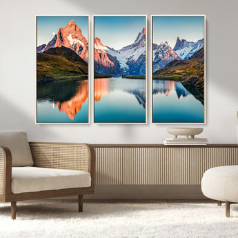 88453-MGV-FC-48X32-3P_Natural-Mountain Lake Wall Art – Snow-Capped Peaks Reflected in Alpine Water Canvas Print, Nature Landscape Wall Decor for Living Room or