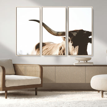 35866-MGV-FC-48X32-3P_Natural-Texas Longhorn Wall Art – Rustic Western Bull Canvas Print, Farmhouse Animal Photography Decor for Living Room, Office, or Ranch