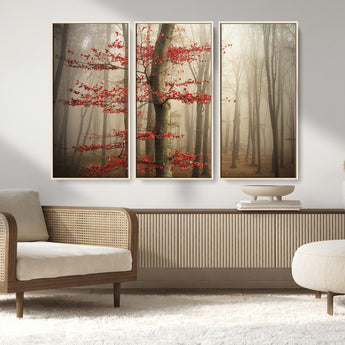 61855-MGV-FC-48X32-3P_Natural-Misty Forest Wall Art – Red Tree with Autumn Leaves Canvas Print, Moody Woodland Nature Decor for Living Room, Bedroom, or Office