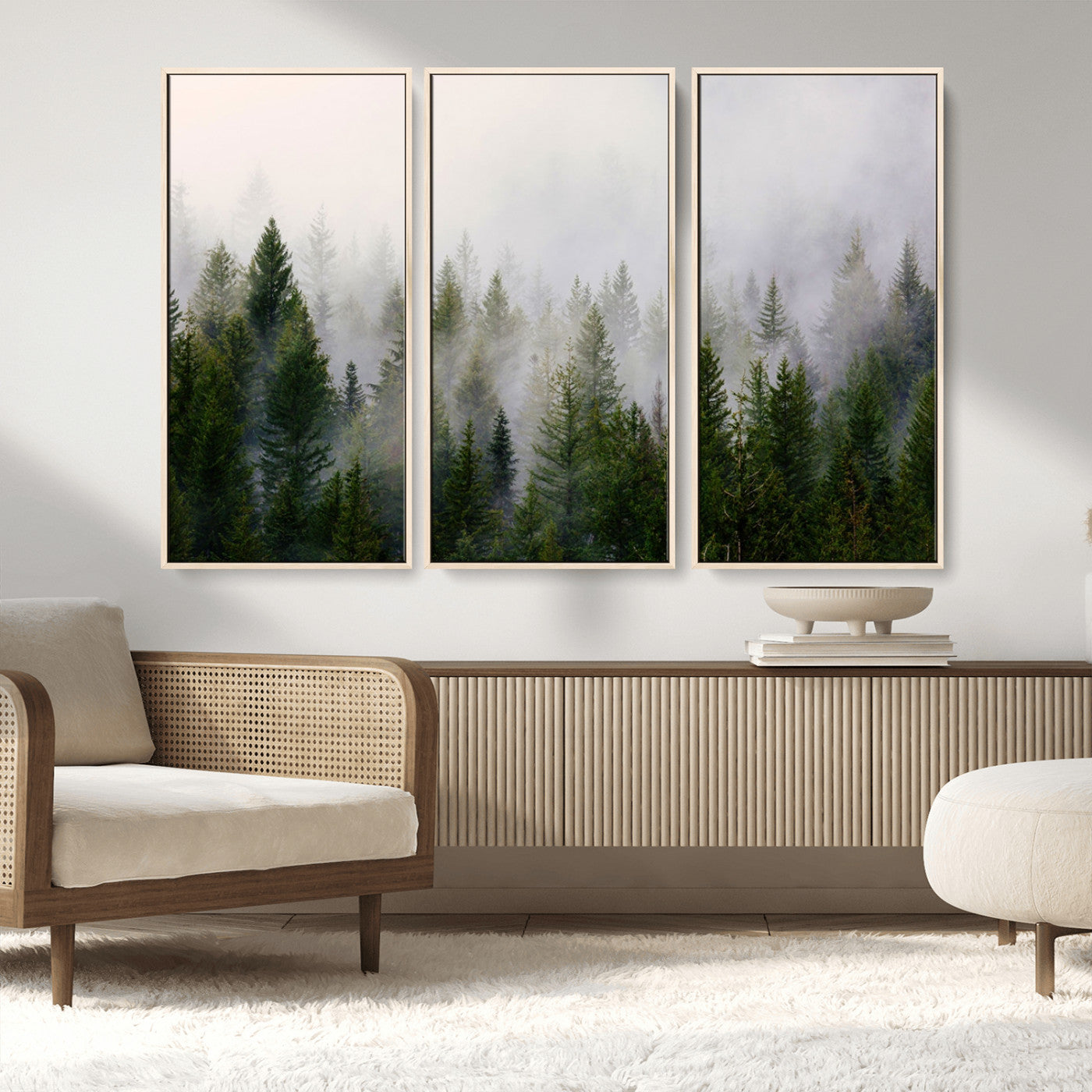 11436-MGV-CV-36X24-Misty Forest Wall Art – Tranquil Evergreen Tree Canvas Print with Foggy Landscape, Nature Inspired Artwork for Bedroom, Living