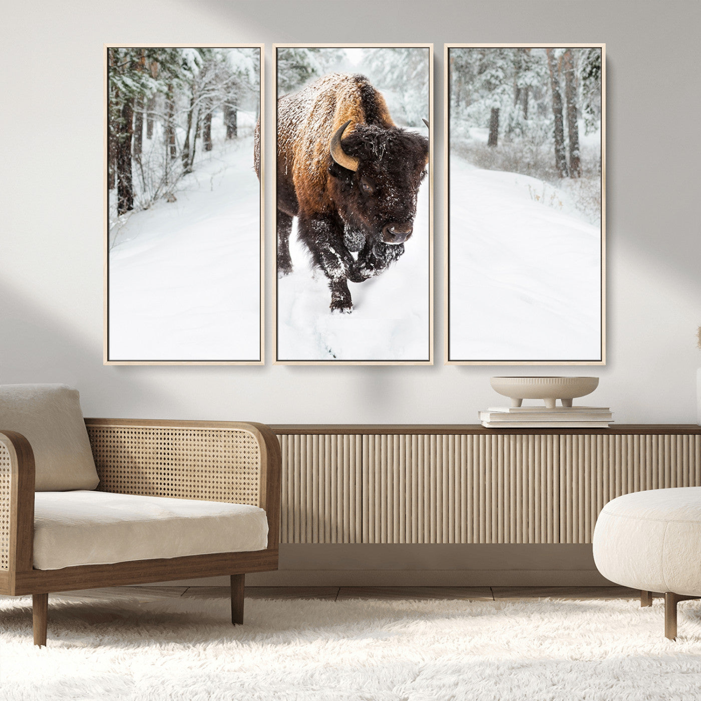 84699-MGV-CV-36X24-Bison in Winter Wall Art – Majestic Buffalo Canvas Print with Snowy Forest Landscape, Rustic Wildlife Artwork for Cabin, Living