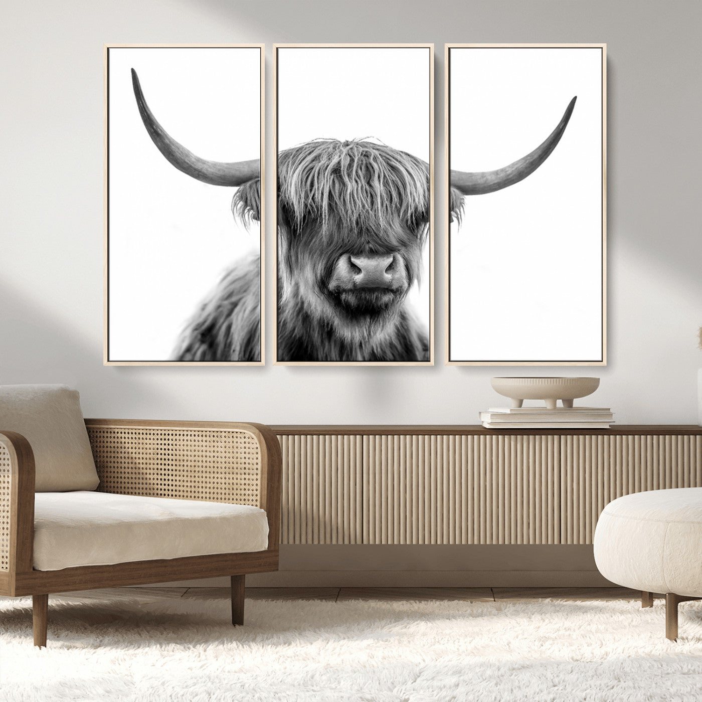 10123-MGV-CV-36X24-Black and White Highland Cow Wall Art – Modern Farmhouse Animal Print, Rustic Scottish Bull Canvas Decor for Living Room, Bedroom,