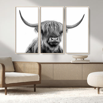 10123-MGV-CV-36X24-Black and White Highland Cow Wall Art – Modern Farmhouse Animal Print, Rustic Scottish Bull Canvas Decor for Living Room, Bedroom,
