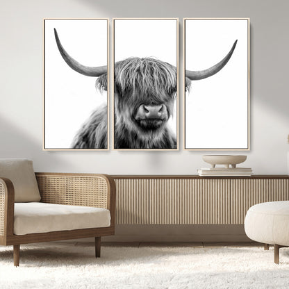 10123-MGV-CV-36X24-Black and White Highland Cow Wall Art – Modern Farmhouse Animal Print, Rustic Scottish Bull Canvas Decor for Living Room, Bedroom,