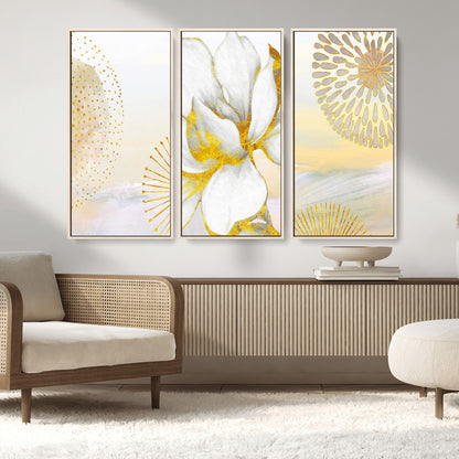 82301-MGV-FC-48X32-3P_Natural-Modern Floral Wall Art – White Flower with Gold Detailing Canvas Print, Elegant Abstract Artwork for Living Room, Bedroom, or