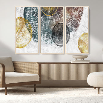 70653-MGV-CV-36X24-Abstract Tree Ring Wall Art – Modern Rustic Wood Slice Canvas Print with Gold Accents, Contemporary Nature Decor for Living Room,