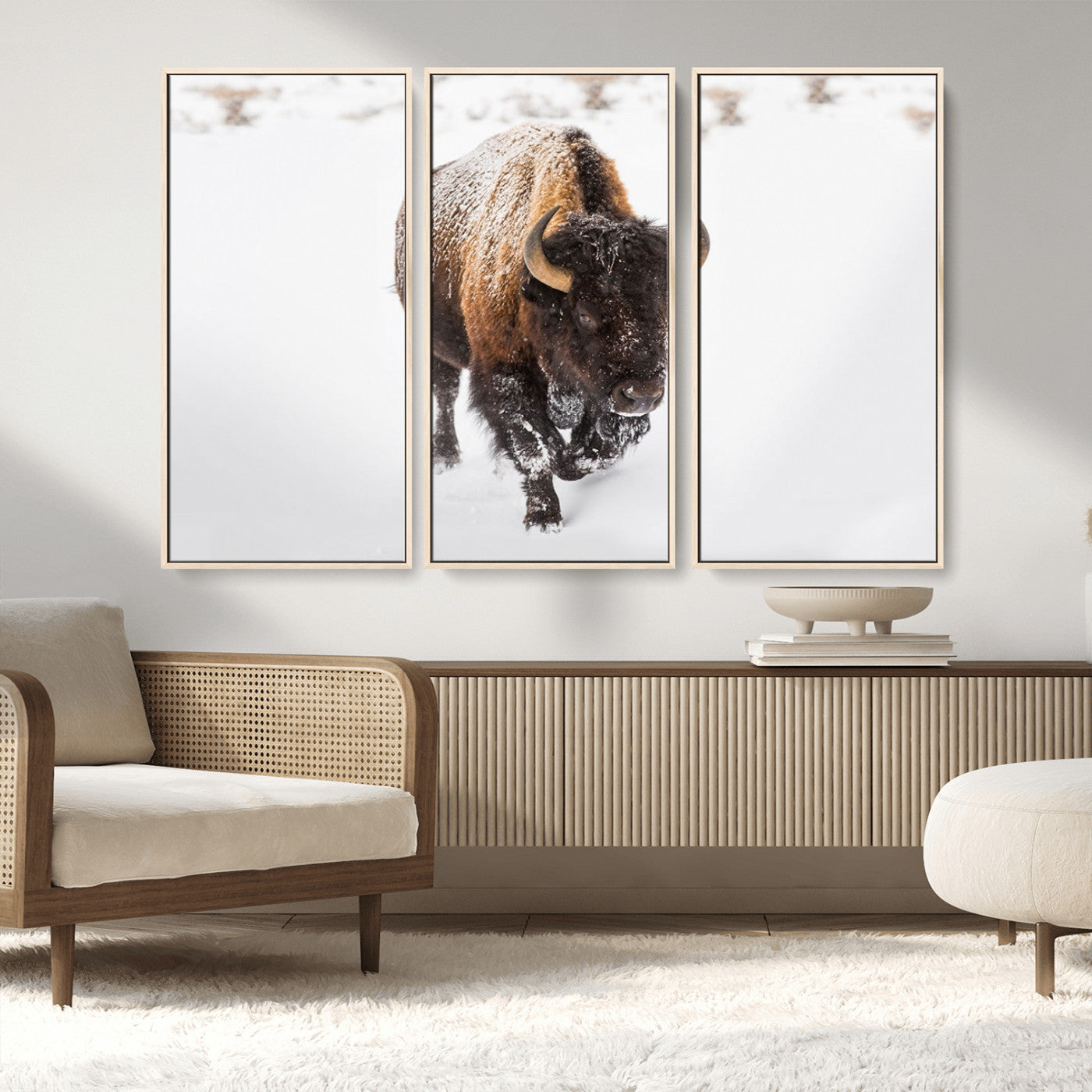 19889-MGV-CV-36X24-Snow Bison Wall Art – Majestic Buffalo Winter Landscape Canvas Print, Rustic Wildlife Photography Decor for Cabin, Lodge, Living