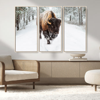 10109-MGV-CV-36X24-Majestic Bison Winter Wall Art – Snowy Forest Buffalo Canvas Print, Rustic Wildlife Photography Decor for Cabin, Lodge, Living