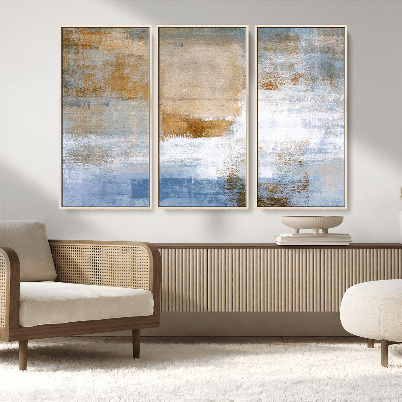 72354-MGV-FC-48X32-3P_Natural-Blue and Gold Abstract Wall Art – Modern Minimalist Canvas Print, Textured Contemporary Painting for Living Room, Bedroom, or