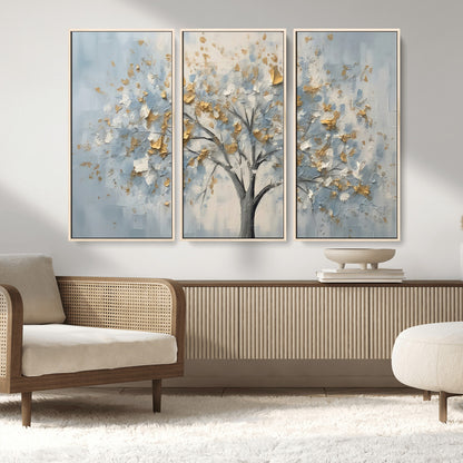 65811-MGV-CV-36X24-Abstract Tree Wall Art – Textured Canvas Painting with Gold and White Leaves, Modern Nature Inspired Decor for Living Room or