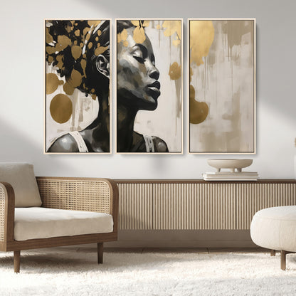 65669-MGV-FC-48X32-3P_Natural-Elegant Black Woman Wall Art – Modern Abstract Portrait Canvas with Gold Accents, Contemporary Afrocentric Decor for Living Room