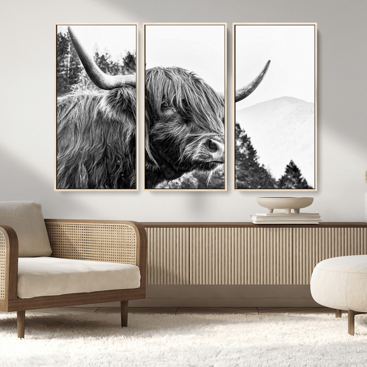 61570-MGV-FC-48X32-3P_Natural-Highland Cow Wall Art – Black and White Scottish Bull Canvas Print, Rustic Farmhouse Animal Decor for Living Room, Bedroom, or