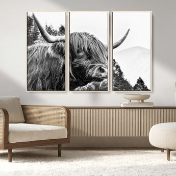 61570-MGV-FC-48X32-3P_Natural-Highland Cow Wall Art – Black and White Scottish Bull Canvas Print, Rustic Farmhouse Animal Decor for Living Room, Bedroom, or