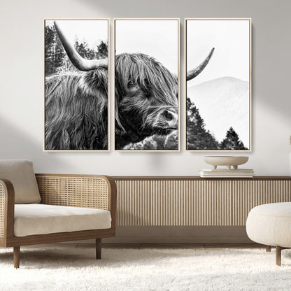 61570-MGV-FC-48X32-3P_Natural-Highland Cow Wall Art – Black and White Scottish Bull Canvas Print, Rustic Farmhouse Animal Decor for Living Room, Bedroom, or