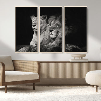 80013-MGV-FC-48X32-3P_Natural-Lion and Lioness Wall Art – Black and White Wildlife Photography Canvas Print, African Safari Animal Decor for Office, Bedroom, or