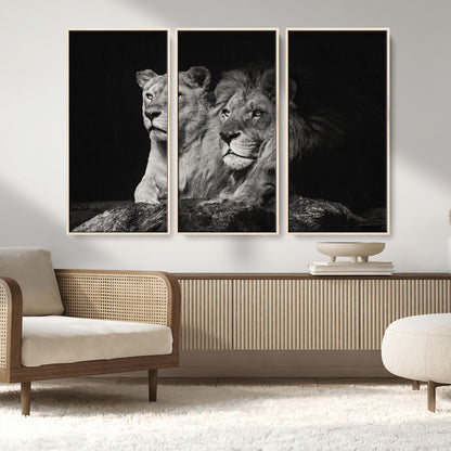80013-MGV-FC-48X32-3P_Natural-Lion and Lioness Wall Art – Black and White Wildlife Photography Canvas Print, African Safari Animal Decor for Office, Bedroom, or