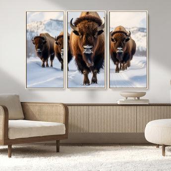 56701-MGV-CV-36X24-Bison Herd Wall Art – Buffalo Walking in Snowy Mountains Canvas Print, Rustic Wildlife Decor for Cabin, Lodge, or Living Room