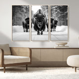 45287-MGV-FC-48X32-3P_Natural-Bison Herd Wall Art – Black and White Buffalo Snow Road Canvas Print, Rustic Wildlife Decor for Cabin, Lodge or Living Room
