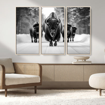 45287-MGV-FC-48X32-3P_Natural-Bison Herd Wall Art – Black and White Buffalo Snow Road Canvas Print, Rustic Wildlife Decor for Cabin, Lodge or Living Room