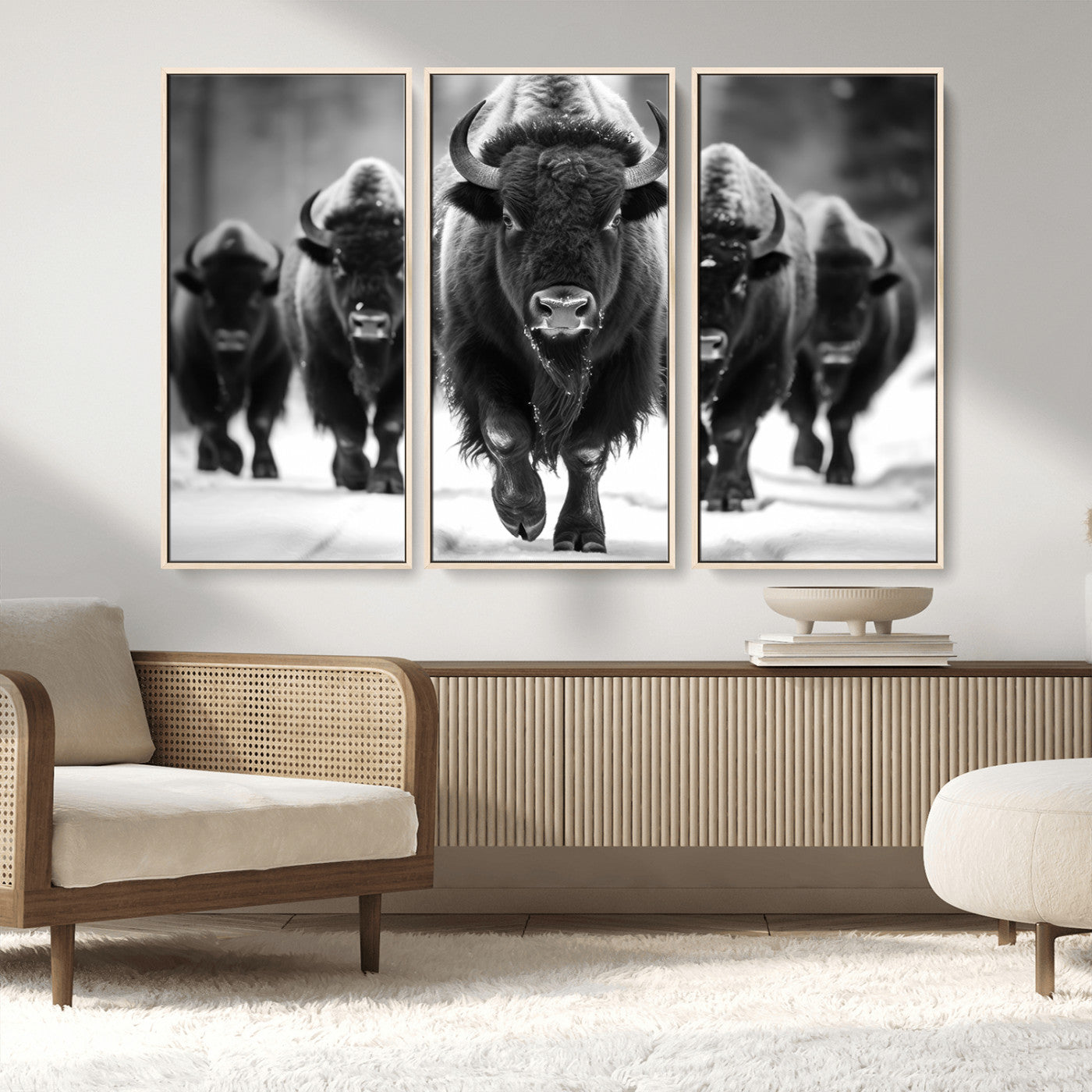 79872-MGV-CV-36X24-Bison Herd Wall Art – Black and White Buffalo on Snow Canvas Print, Rustic Wildlife Decor for Lodge, Cabin, or Living Room