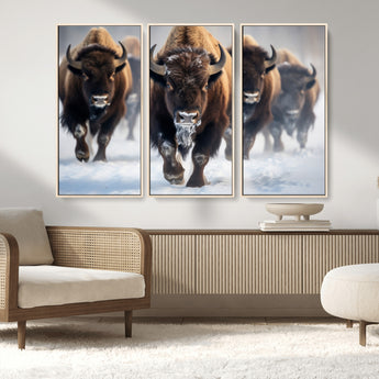 80512-MGV-CV-36X24-Bison Herd Wall Art – Buffalo Running in Snow Canvas Print, Rustic Wildlife Photography Decor for Cabin, Lodge, or Living Room