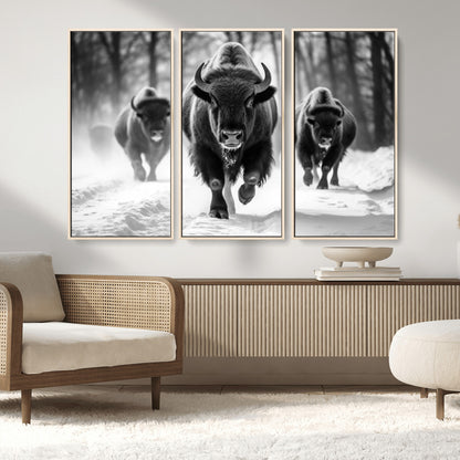 97552-MGV-FC-48X32-3P_Natural-Black and White Bison Wall Art – Buffalo Herd Running in Snow Canvas Print, Rustic Wildlife Photography Decor for Cabin, Lodge, or