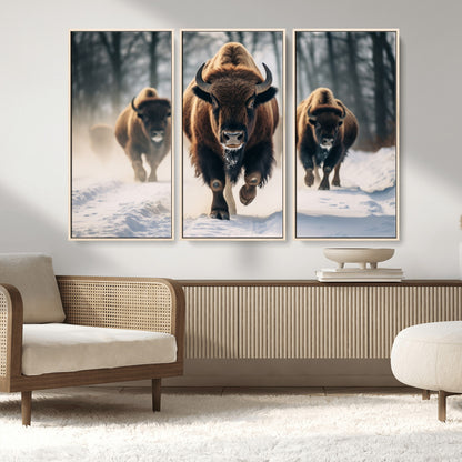 56549-MGV-CV-36X24-Wild Bison Wall Art – Majestic Buffalo Herd Running in Snow Canvas Print, Rustic Wildlife Photography Decor for Cabin, Lodge, or