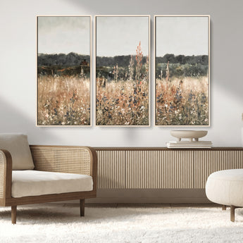 46308-MGV-FC-48X32-3P_Natural-Wildflower Field Wall Art – Rustic Meadow Landscape Canvas Print, Country Nature Decor for Living Room, Bedroom or Farmhouse