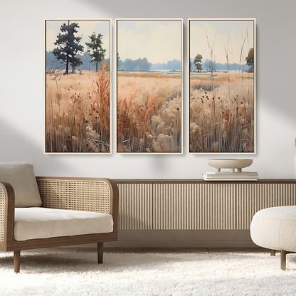 98822-MGV-FC-48X32-3P_Natural-Autumn Meadow Wall Art – Tranquil Grassland Landscape Canvas Print, Rustic Country Decor for Living Room, Bedroom or Farmhouse